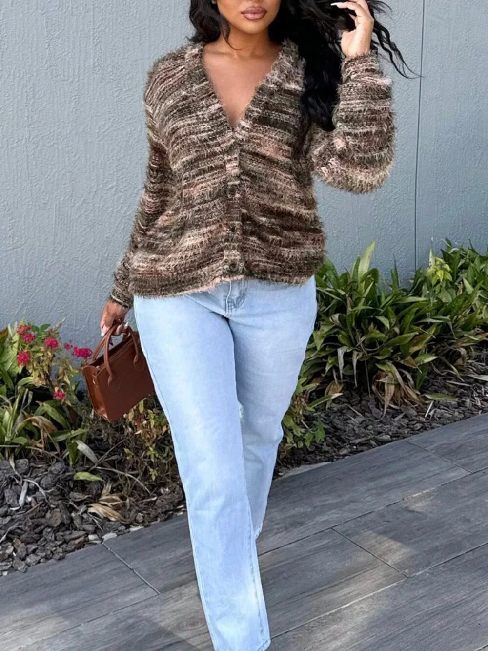 Multicolor Casual Women's Oversized Textured Stripe Knit Cardigan